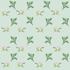 Watercolor seamless pattern with hand drawn delicate pink peony flowers, buds and leaves. Isolated on color background. For invitations, wedding, love or greeting cards, paper, print, textile