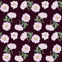 Gordijnen Watercolor seamless pattern with hand drawn delicate pink peony flowers, buds and leaves. Isolated on color background. For invitations, wedding, love or greeting cards, paper, print, textile © Elena