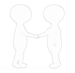 3d white - black outer lined character shake handing each other