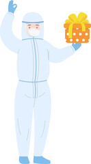 Paramedic or doctor or scientist or medical specialist, protective suit and face shield with medical mask, christmas or birthday gift, vector cartoon style