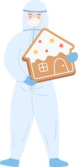 Paramedic or doctor or scientist or medical specialist, protective suit with face shield and medical mask with gingerbread, vector cartoon style