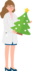 Female paramedic or doctor or medical specialist or scientist with christmas tree, celebrating christmas or new year, vector cartoon style