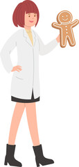 Female paramedic or doctor or medical specialist with gingerbread man, celebrating christmas or new year, vector cartoon style