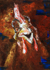 Illustration - a detailed portrait of a rooster, oil painting  