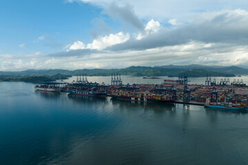 Naklejka premium Shenzhen ,China - Circa 2022: Aerial view of landscape at Yantian port in Shenzhen city, China