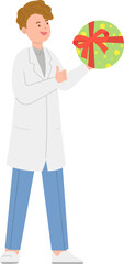 Male paramedic or doctor or medical specialist or scientist with gift box, celebrating christmas or birthday, vector cartoon style