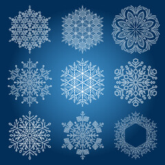 Set of vector snowflakes. Collection of winter ornaments. Snowflakes collection. Navy blue and white snowflakes for backgrounds and designs
