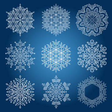 Set of vector snowflakes. Collection of winter ornaments. Snowflakes collection. Navy blue and white snowflakes for backgrounds and designs