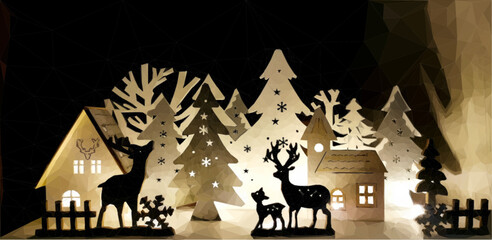 Christmas scene made of silhouettes.  Wooden house, deer with fawn, church and Christmas trees are back-lit. Vector in Low Poly Style. 