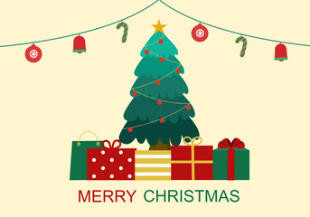 Merry Christmas tree with gifts in flat design.