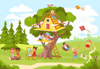 Tree house with kids. Funny boys and girls play on green backyard. Cozy home in branches of oak. Happy children outdoor leisure. Kite and swing. Wooden shelter. Splendid vector concept