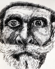 Old man with a mustache - illustration. Detailed drawing of an old sad man with a mustache and beard, drawn in liner.
