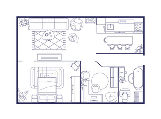 Apartment interior, floor plan. Outlined floorplan, home with rooms, furniture. House design, map, layout overhead, above top view. Contoured flat vector illustration isolated on white background
