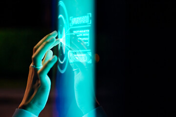 Hand of woman touching screen