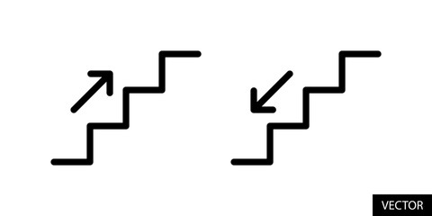 Stairs up and Stairs down sign vector icons in line style design for website design, app, UI, isolated on white background. Editable stroke. Vector illustration.