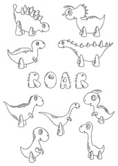 9 cute outline dinosaurs and and roar lettering for coloring page, poster and other. Funny cartoon dino set. Vector set for kids