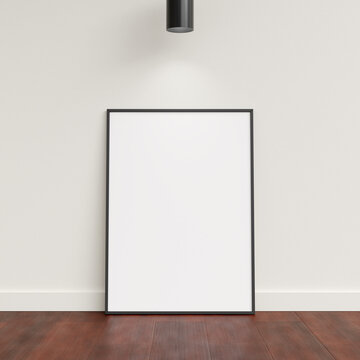 Minimal poster picture frame mockup leanings against the white wall. Blank frame mockup. Clean, modern, minimal frame. 3d rendering.