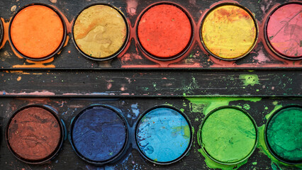 Colors on watercolor palette closeup. 