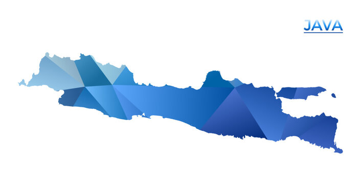 Vector polygonal Java map. Vibrant geometric island in low poly style. Vibrant illustration for your infographics. Technology, internet, network concept.
