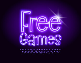 Fototapeta na wymiar Vector neon banner Free Games. Modern Glowing Font. Artistic Alphabet Letters and Numbers.