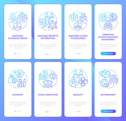 Inclusive development features blue gradient onboarding mobile app screen set. Walkthrough 4 steps graphic instructions with linear concepts. UI, UX, GUI template. Myriad Pro-Bold, Regular fonts used
