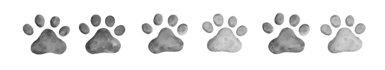 cat paw prints in row pattern for border or frame in black and white watercolor graphic element