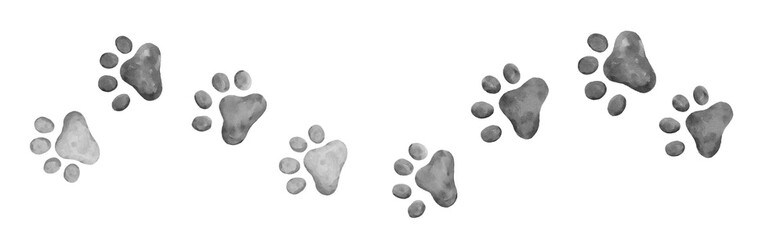 cat paw prints walking right and left gray or black and white watercolor border element - obrazy, fototapety, plakaty