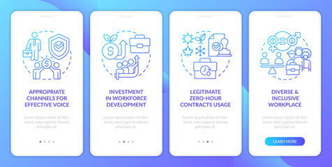 Fair working policy blue gradient onboarding mobile app screen. Walkthrough 4 steps graphic instructions with linear concepts. UI, UX, GUI template. Myriad Pro-Bold, Regular fonts used