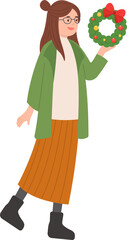 A woman with a Christmas wreath, celebrating Christmas, Christmas and Happy New Year, vector cartoon style