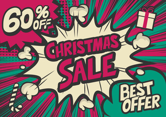 60%off Christmas sale typography pop art background, an explosion in comic book style.