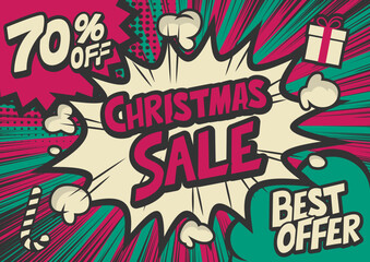 70%off Christmas sale typography pop art background, an explosion in comic book style.	