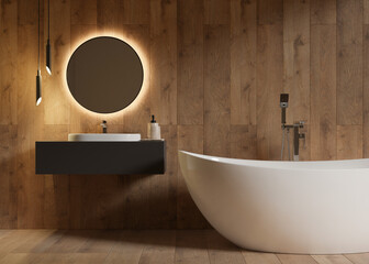 Beautiful and modern bathroom. Bathtub, washbasin, hanging lamps, wooden texture. Homeor hotel interior in contemporary style. Luxury bathroom design. Interior design project. 3D render.