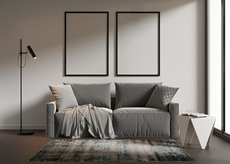 Two empty vertical picture frames on white wall in modern living room. Mock up interior in contemporary, scandinavian style. Copy space for picture, poster. Sofa, table, carpet, lamp. 3D rendering.