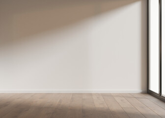 Empty room with daylight, white wall and parquet floor. Only wall and floor. Mock up interior. Free, copy space for your furniture, picture, decoration and other objects. 3D rendering.