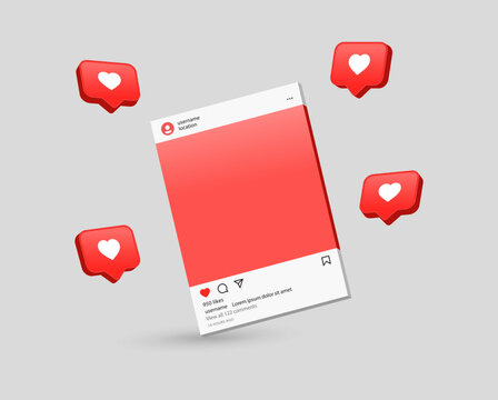 Instagram Mockup Social Media Template Frame, Instagram Feed Web Post Mock Up, 3d Love Like Heart In Speech Bubble, Instagram Post Background Social Media Notification Icons Like, Comment, Share Icon