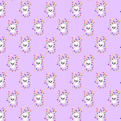 Christmas seamless pattern with bunny in christmas hat. Purple background for gift wrapping papers, greeting cards, decoration.Vector Illustration