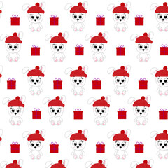 Seamless christmas pattern with cute christmas bunny with gift boxes.For wrapping paper or textile print, winter wallpaper.Vector Illustration