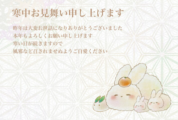 年賀状ハガキの雪うさぎと親子のうさぎ　( 文字有り版&横ver)
