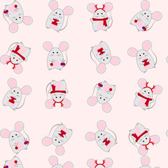 Seamless Christmas hand drawing pattern with cute mouse. Vector illustration for printing on fabric, textile and paper