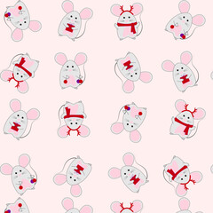 Seamless Christmas hand drawing pattern with cute mouse. Vector illustration for printing on fabric, textile and paper