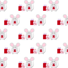 Obraz premium Seamless vector Christmas pattern with mice, gifts.Vector illustration for printing on fabric and paper