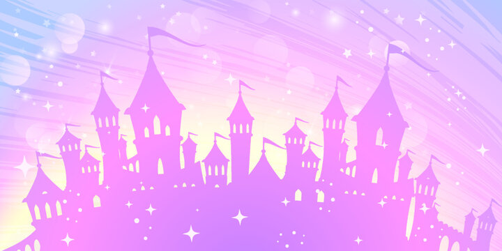 Magic princess palace on a background of a rainbow sky.