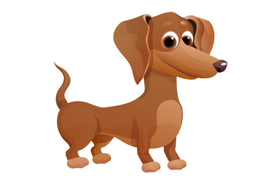 Cute dachshund puppy, standing and smiling in cartoon style, bright pet character isolated on white background.