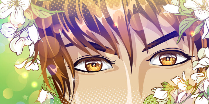 Brown eyes of a young man with flowers in anime style. Happy look.