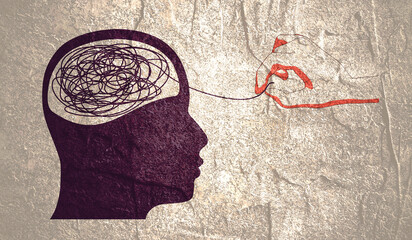 Unraveling tangled tangle. Psychotherapy concept. Metaphor of problem solving, chaos and mess, difficult situation.