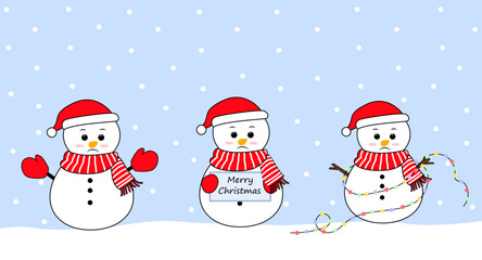 Winter christmas set snowmans.Collection of cute Christmas character wearing Santa Hat. Christmas illustration