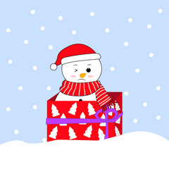 New Year and Xmas concept. Gift Box with sad snowman.For wrapping paper and fabrics and linens and kids clothes print and packaging.Vector  illustration