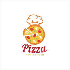 Pizza logo Fresh Vector Emblem on blackboard. Pizza logo template. Vector emblem for cafe, restaurant or food delivery .