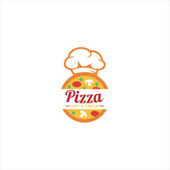 Pizza logo Fresh Vector Emblem on blackboard. Pizza logo template. Vector emblem for cafe, restaurant or food delivery .