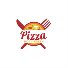 Pizza logo Fresh Vector Emblem on blackboard. Pizza logo template. Vector emblem for cafe, restaurant or food delivery .